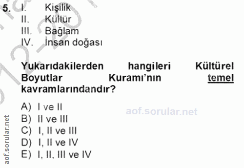 5. soru: Kişilik II. Kültür III. • Bağlam IV. İnsan doğası Yukarıdakilerden hangileri Kültürel Boyutlar Kuramı'nın temel kavra…