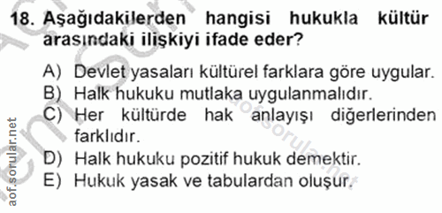 18. soru: Aşağıdakilerden hangisi hukukla kültür arasındaki ilişkiyi ifade eder? A) Devlet yasaları kültürel farklara göre uygu…