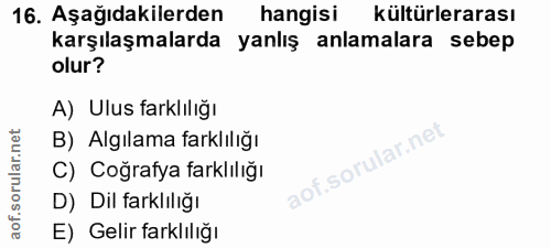 16. soru: Aşağıdakilerden hangisi kültürlerarası karşılaşmalarda yanlış anlamalara sebep olur? A) Ulus farklılığı B) Algılama f…