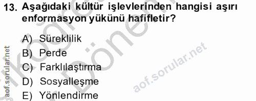 13. soru: Aşağıdaki kültür işlevlerinden hangisi aşırı enformasyon yükünü hafifletir? A) Süreklilik B) Perde C) Farklılaştırma…