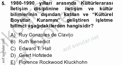 5. soru: 1980-1990 yılları arasında Kültürlerarası İletişim disiplinine iletişim ve kültür bilimlerinin dışından katılan ve "K…