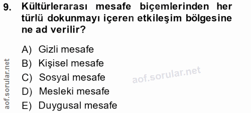 9. soru: Kültürlerarası mesafe biçemlerinden her türlü dokunmayı içeren etkileşim bölgesine ne ad verilir? A) Gizli mesafe B)…