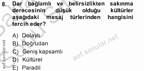 8. soru: Dar bağlamlı ve belirsizlikten sakinma derecesinin düşük olduğu kültürler aşağıdaki mesaj türlerinden hangisini terci…