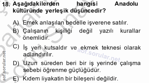 18. soru: Aşağıdakilerden hangisi Anadolu kültüründe yerleşik düşüncedir? A) Emek anlaşılan bedelle işverene satılır. B) Çalışa…