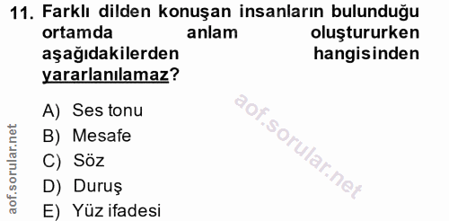 11. soru: Farklı dilden konuşan insanların bulunduğu ortamda anlam oluştururken aşagıdakılerden hangisinden yararlanılamaz? A)…
