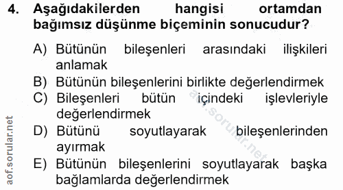 4. soru: Aşağıdakilerden hangisi ortamdan bağımsız düşünme biçeminin sonucudur? A) Bütünün bileşenleri arasındaki ilişkileri a…