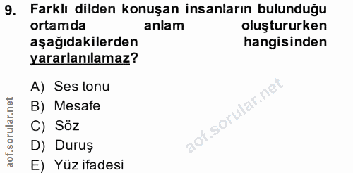 9. soru: Farklı dilden konuşan insanların bulunduğu ortamda anlam oluştururken aşağıdakilerden hangisinden yararlanılamaz? A)…