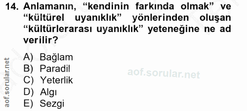 14. soru: Anlamanın, "kendinin farkında olmak" ve "kültürel uyanıklık" yönlerinden oluşan "kültürlerarası uyanıklık" yeteneğine…