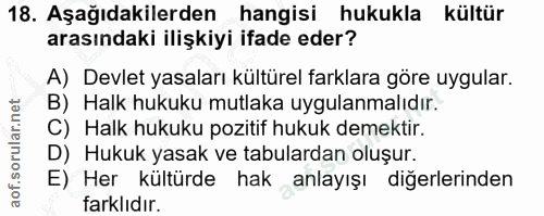 18. soru: Aşağıdakilerden hangisi hukukla kültür arasındaki ilişkiyi ifade eder? A) Devlet yasaları kültürel farklara göre uygu…