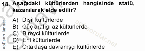 18. soru: Aşağıdaki kültürlerden hangisinde statü, kazanılarak elde edilir? A) Dişil kültürlerde B) Güç aralığı az kültürlerde…