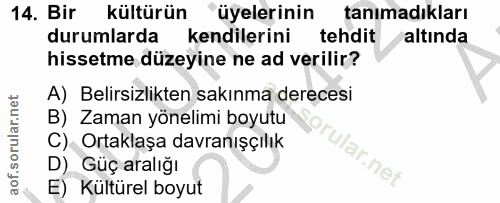14. soru: Bir kültürün üyelerinin tanımadıkları durumlarda kendilerini tehdit altında hissetme düzeyine ne ad verilir? A) Belir…