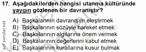 17. soru: Aşağıdakilerden hangisi utanma kültüründe yaygın gözlenen bir davranıştır? A) Başkalarının davranışını eleştirmek B)…
