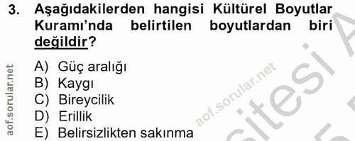 3. soru: Aşağıdakilerden hangisi Kültürel Boyutlar Kuramı'nda belirtilen boyutlardan biri değildir? A) Güç aralığı B) Kaygı C)…