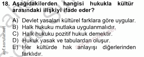 18. soru: Aşağıdakilerden hangisi hukukla kültür arasındaki ilişkiyi ifade eder? A) Devlet yasaları kültürel farklara göre uygu…