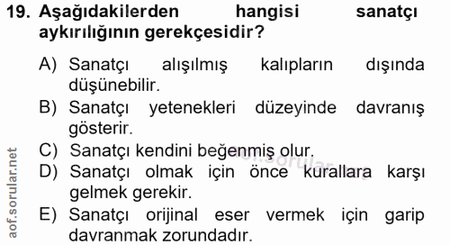 19. soru: Aşağıdakilerden hangisi sanatçı aykırılığının gerekçesidir? A) Sanatçı alışılmış kalıpların dışında düşünebilir. B) S…