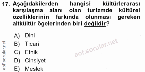 17. soru: Aşağıdakilerden hangisi kültürlerarası karşılaşma alanı olan turizmde kültürel özelliklerinin farkında olunması gerek…