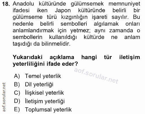 18. soru: Anadolu kültüründe gülümsemek memnuniyet ifadesi iken Japon kültüründe belirli bir gülümseme türü kızgınlığın işareti…