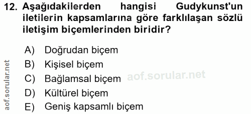 12. soru: Aşağıdakilerden hangisi Gudykunst'un iletilerin kapsamlarına göre farklılaşan sözlü iletişim biçemlerinden biridir? A…