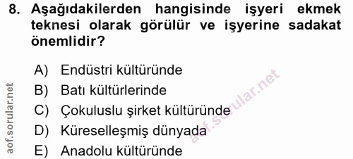 8. soru: Aşağıdakilerden hangisinde işyeri ekmek teknesi olarak görülür ve işyerine sadakat önemlidir? A) Endüstri kültüründe…