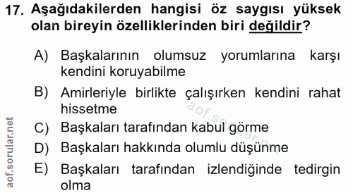 17. soru: Aşağıdakilerden hangisi öz saygısı yüksek olan bireyin özelliklerinden biri değildir? A) Başkalarının olumsuz yorumla…