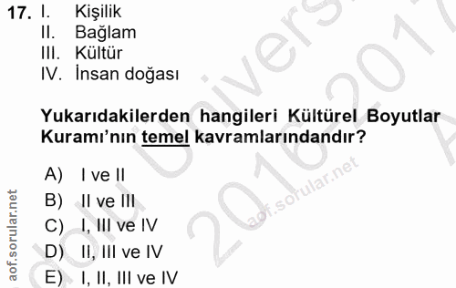17. soru: l. Kişilik Il. Bağlam IlI. Kültür IV. Insan doğası Yukarıdakilerden hangileri Kültürel Boyutlar Kuramı'nın temel kavr…