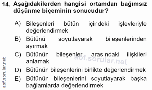 14. soru: Aşağıdakilerden hangisi ortamdan bağımsız düşünme biçeminin sonucudur? A) Bileşenleri bütün içindeki işlevleriyle değ…
