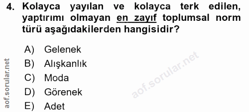 4. soru: Kolayca yayılan ve kolayca terk edilen, yaptırımı olmayan en zayıf toplumsal norm türü aşağıdakilerden hangisidir? A)…