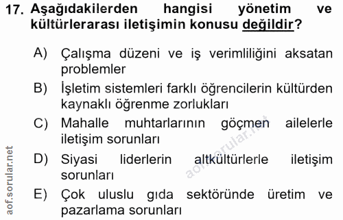 17. soru: Aşağıdakilerden hangisi yönetim ve kültürlerarası iletişimin konusu değildir? A) Çalışma düzeni ve iş verimliliğini a…