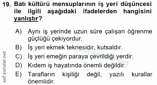19. soru: Batı kültürü mensuplarının iş yeri düşüncesi ile ilgili aşağıdaki ifadelerden hangisini yanlıştır? A) Aynı iş yerinde…