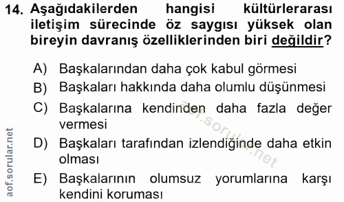 14. soru: Aşağıdakilerden hangisi kültürlerarası iletişim sürecinde öz saygısı yüksek olan bireyin davranış özelliklerinden bir…