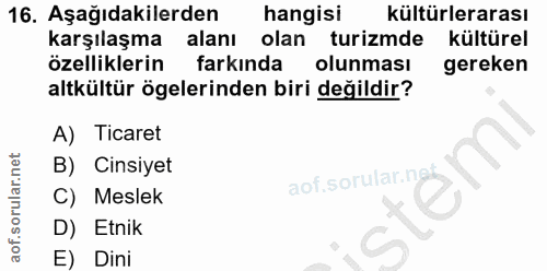 16. soru: Aşağıdakilerden hangisi kültürlerarası karşılaşma alanı olan turizmde kültürel özelliklerin farkında olunması gereken…