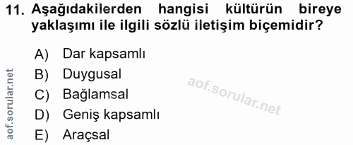 11. soru: Aşağıdakilerden hangisi kültürün bireye yaklaşımı ile ilgili sözlü iletişim biçemidir? A) Dar kapsamlı B) Duygusal C)…