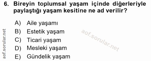 6. soru: Bireyin toplumsal yaşam içinde diğerleriyle paylaştığı yaşam kesitine ne ad verilir? A) Aile yaşamı B) Estetik yaşam…