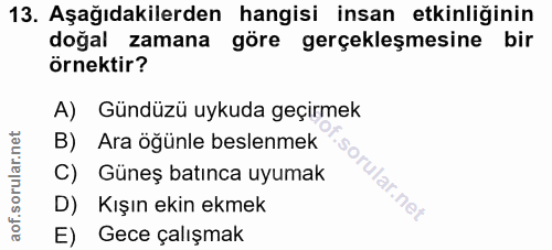 13. soru: Aşağıdakilerden hangisi insan etkinliğinin doğal zamana göre gerçekleşmesine bir örnektir? A) Gündüzü uykuda geçirmek…