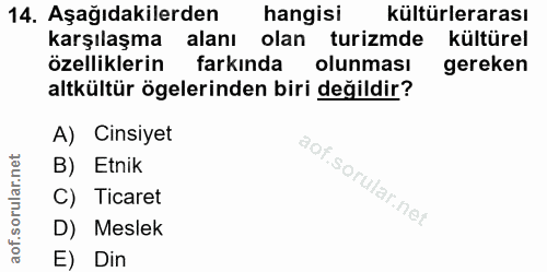 14. soru: Aşağıdakilerden hangisi kültürlerarası karşılaşma alanı olan turizmde kültürel özelliklerin farkında olunması gereken…