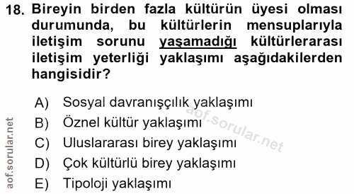 18. soru: Bireyin birden fazla kültürün üyesi olması durumunda, bu kültürlerin mensuplarıyla iletişim sorunu yaşamadığı kültürl…