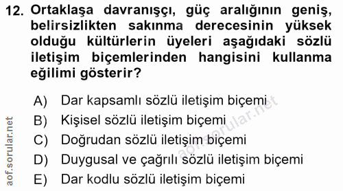 12. soru: Ortaklaşa davranışsı, güç aralığının geniş, belirsizlikten sakınma derecesinin yüksek olduğu kültürlerin üyeleri aşağ…