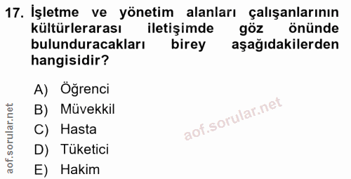 17. soru: İşletme ve yönetim alanları çalışanlarının kültürlerarası iletişimde göz önünde bulunduracakları birey aşağıdakilerde…