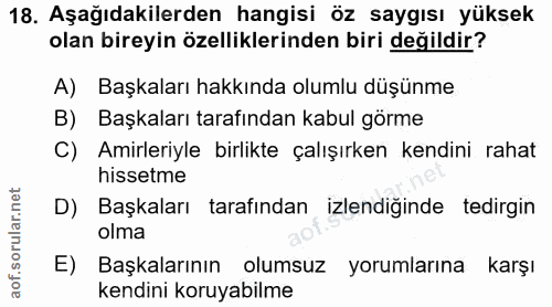 18. soru: Aşağıdakilerden hangisi öz saygısı yüksek olan bireyin özelliklerinden biri değildir? A) Başkaları hakkında olumlu dü…
