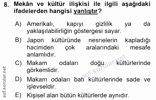 8. soru: Mekân ve kültür ilişkisi ile ilgili aşağıdaki ifadelerden hangisi yanlıştır? A) Amerikalı, kapıyı gizlilik ya da yakl…