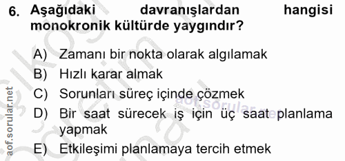 6. soru: Aşağıdaki davranışlardan hangisi monokronik kültürde yaygındır? A) Zamanı bir nokta olarak algılamak B) Hızlı karar a…