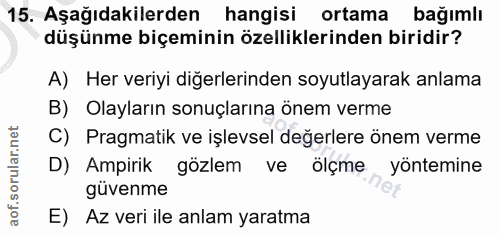 15. soru: Aşağıdakilerden hangisi ortama bağımlı düşünme biçeminin özelliklerinden biridir? A) Her veriyi diğerlerinden soyutla…