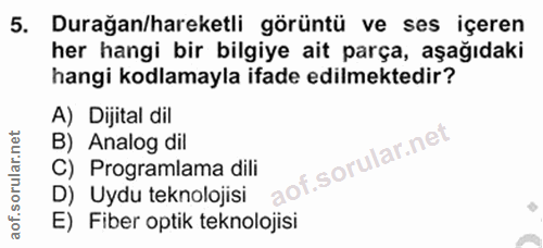 5. soru: Durağan/hareketli görüntü ve ses içeren her hangi bir bilgiye ait parça, aşağıdaki hangi kodlamayla ifade edilmektedi…