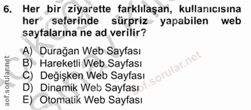 6. soru: Her bir ziyarette farklılaşan, kullanıcısına her seferinde sürpriz yapabilen web sayalarına ne ad verilir? A) Durağan…