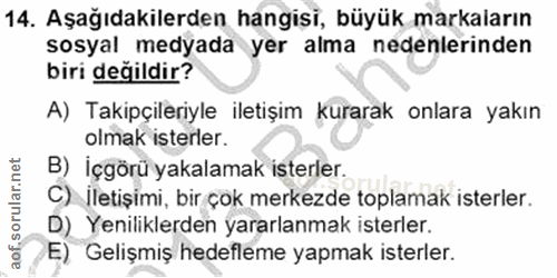 14. soru: Aşağıdakilerden hangisi, büyük markaların sosyal medyada yer alma nedenlerinden biri değildir? A) Takipçileriyle ilet…