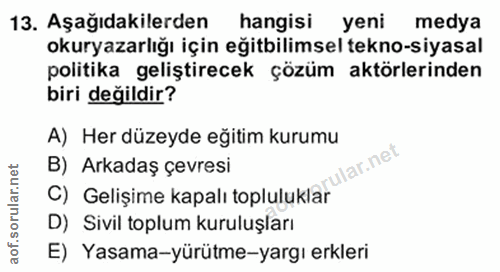 13. soru: Aşağıdakilerden hangisi yeni medya okuryazarlığı için eğitilimsel tekno-siyasal politika geliştirecek çözüm aktörleri…