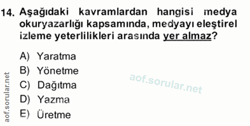 14. soru: Aşağıdaki kavramlardan hangisi medya okuryazarlığı kapsamında, medyayı eleştirel izleme yeterlilikleri arasında yer a…