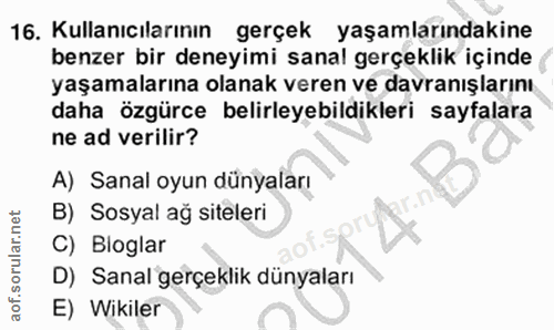 16. soru: Kullanıcılarının gerçek yaşamlarındakine benzer bir deneyimi sanal gerçeklik içinde yaşamalarına olanak veren ve davr…
