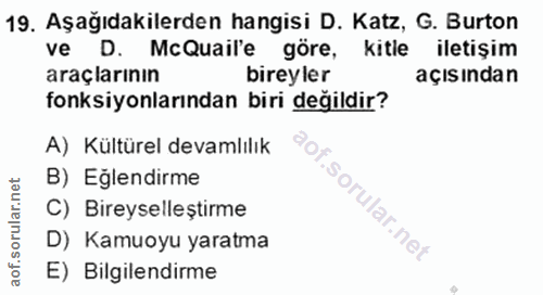 19. soru: Aşağıdakilerden hangisi D. Katz, G. Burton ve D. McQuail'e göre, kitle iletişim araçlarının bireyler açısından fonksi…