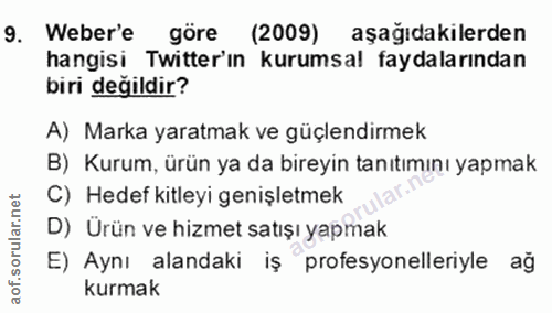 9. soru: Weber'e göre (2009) aşağıdakilerden hangisi Twitter'ın kurumsal faydalarından biri değildir? A) Marka yaratmak ve güç…